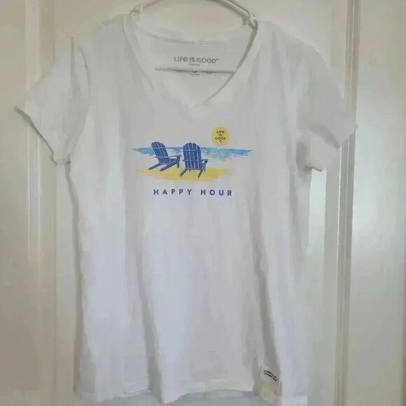 Life is Good Women's White Cotton "Happy Hour" V-Neck Short Sleeve T-Shirt - Picture 2 of 7